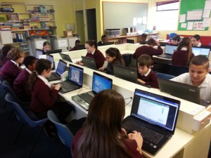 Mr Monaghan's Fifth class working in the computer room.